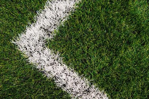 Background of green artificial grass. Marked white lines on the sports field. Stock Photos
