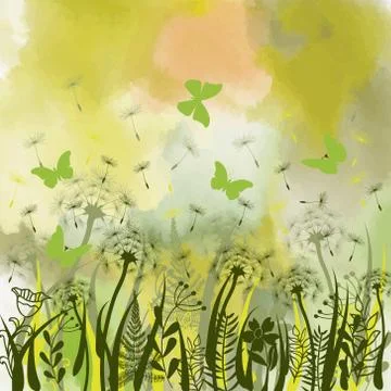 Background with green grass, wild herbs,dandelions and butterflies Stock Illustration