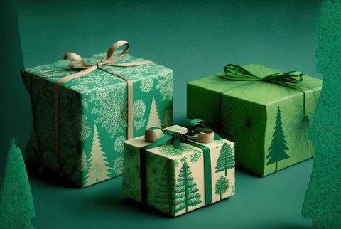 On a background of green, several handmade paper Christmas present designs are Stock Illustration
