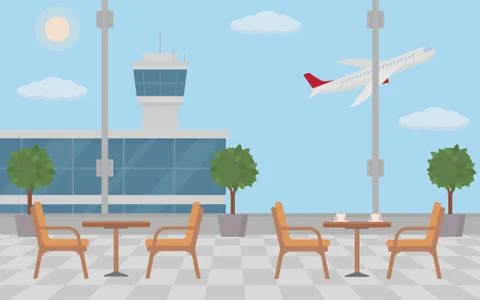Background of hall at airport with empty coffee tables. Stock Illustration