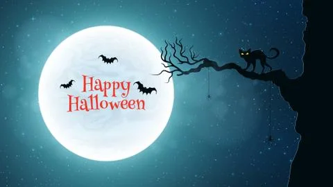 Background for Halloween. Back cat walks through the tree. Bats fly against t Stockillustratie