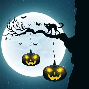 Background for Halloween. Black cat on the tree. Bats fly against the backgro Stock Illustration