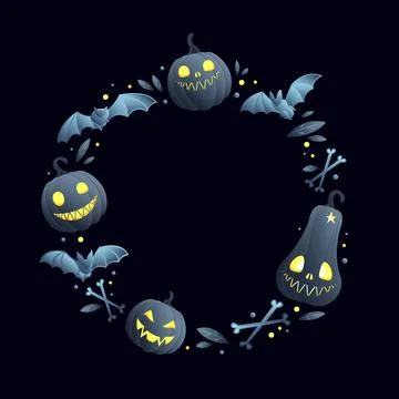 Background for Halloween with elements arranged in a circle: pumpkins, bats,  Illustrazione stock