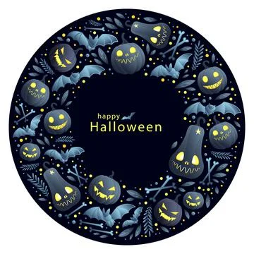 Background for Halloween with elements arranged in a circle: pumpkins, bats,  Stock Illustration