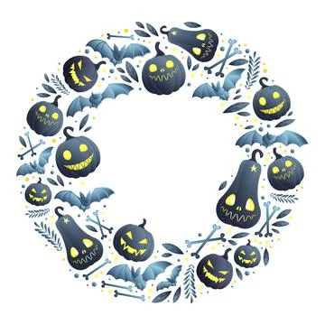 Background for Halloween with elements arranged in a circle: pumpkins, bats,  Stock Illustration
