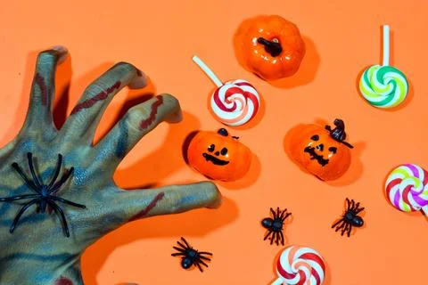 Background with a Halloween theme, with scary ghost finger objects, lollipo.. Stock Photos