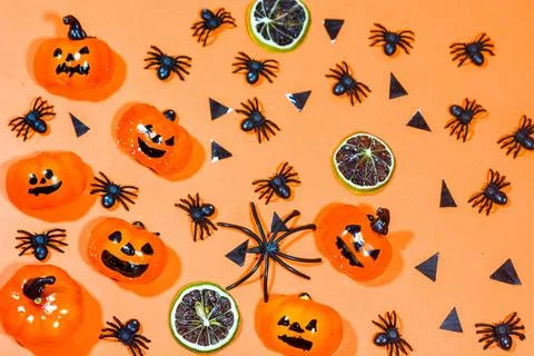 Background with a Halloween theme, with scary ghosts, lollipops and scary p.. Stock Photos