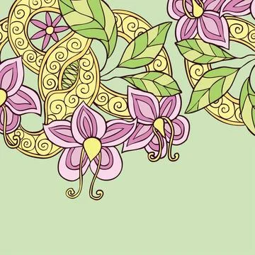 Background with hand drawn color doodle flowers, leafs and ribbon Backgrou... Stock Photos