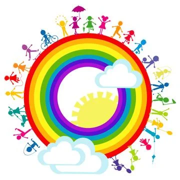 Background with hand drawn colored stylized kids around rainbow Stock Illustration