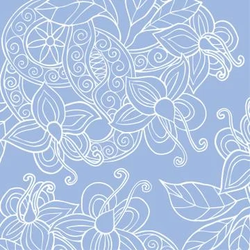 Background with hand drawn flowers, leafs and ribbon Illustrazione stock