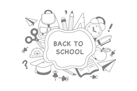 Background hand drawn school supplies back to school briefcase alarm clock Stock Illustration
