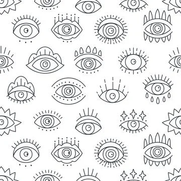 Background with hand drawn various Turkish symbol eye talismans. Stock Illustration