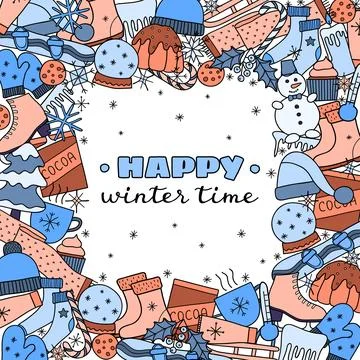 Background with hand drawn winter items. Stock Illustration