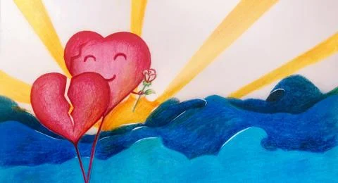 Background handmade draw, two red air balloons in the shape of a heart. val.. Stock Illustration