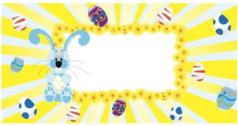 Background with hanging eggs, rabbits and landscape, vector illustration. イラスト素材