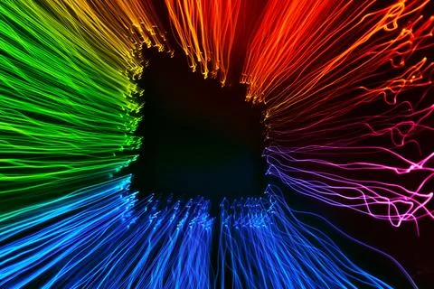 A background header image of neon lines in multicolour forming a trapezoid shape Stock Photos