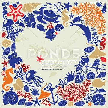 Background heart is surrounded of fishes, dolphins, shells, corals, meduses, Stock Illustration