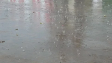 Background of heavy rain falling on the street in spring or summer Stock Footage 309584940
