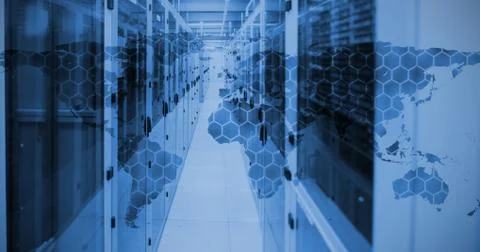 Background with hexagons and world map against view of data technology 스톡 일러스트