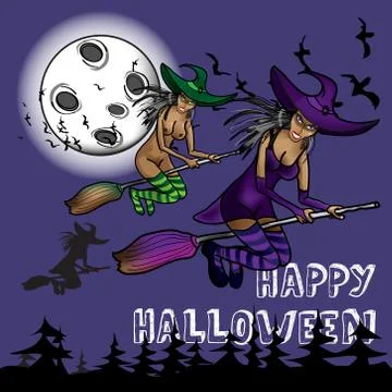 Background on a holiday theme halloween with three witches against the night  Stock Illustration