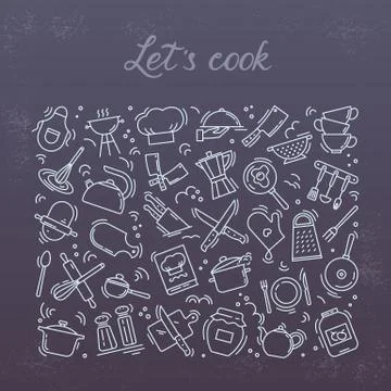 Background from icons on the theme of kitchen and cooking with lettering lets Stock Illustration