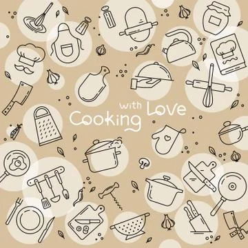 Background from icons on the theme of kitchen and cooking with lettering cooking Stock Illustration