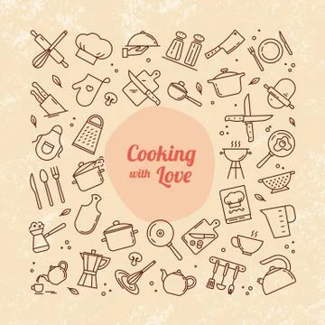 Background from icons on the theme of kitchen and cooking with lettering cooking Stock Illustration