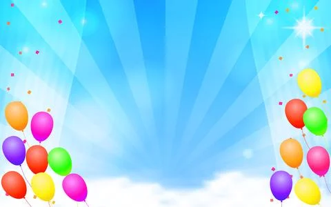 Background illustration of blue sky, clouds, balloons and radial and confetti Stock Illustration