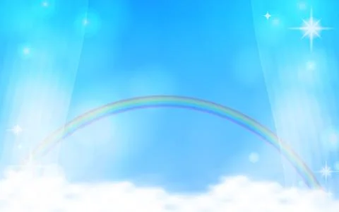 Background illustration of blue sky, clouds and rainbow Stock Illustration