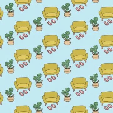 Background illustration of a sofa with planters. Interior in Scandinavian style Stock Illustration