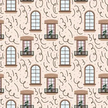 Background with illustrations of wooden window frames. Windows of various shapes Stock Illustration