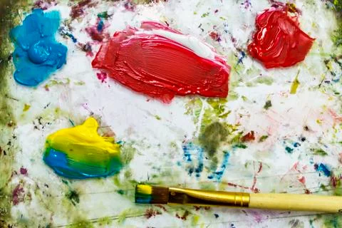 Background image of bright paint palette close up Stock Photos