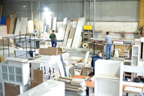 Background image of carpenters workshop: production equipment, various woodwo Stock-Fotos