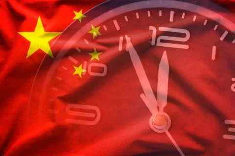 Background image of the Chinese Flag with a clock 스톡 사진