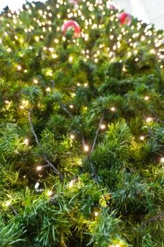 Background image of a christmas tree decorated with lights Stock Photos
