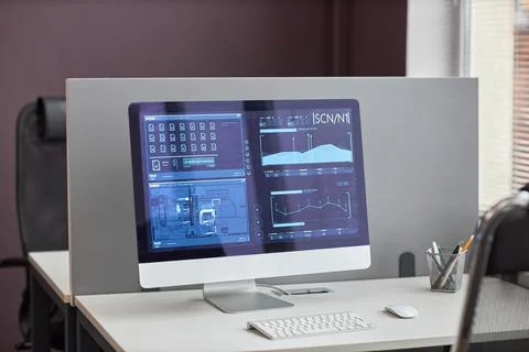 Background image of computer screen with scientific data n office Stock-Fotos