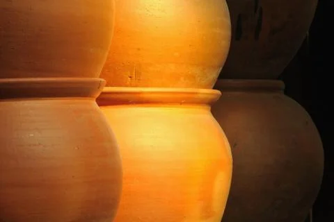Background image with details of three hazel pots in a row. Stock Photos