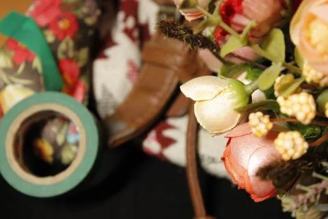 Background image of objects in crimson and beige tones. Stock Photos