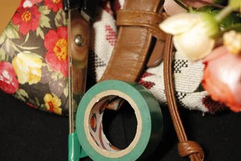 Background image of objects in crimson and beige tones. Stock Photos