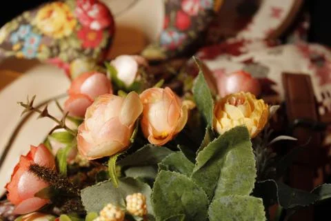 Background image of objects in crimson and beige tones. Stock Photos