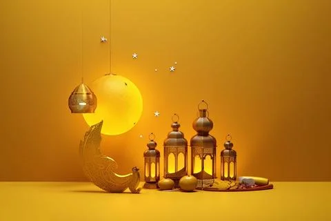 A background image for Ramadan Kareem features a 3D golden yellow Islamic c.. 스톡 일러스트