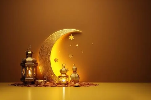 A background image for Ramadan Kareem features a 3D golden yellow Islamic c.. Stock Illustration