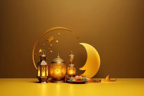 A background image for Ramadan Kareem features a 3D golden yellow Islamic c.. Illustrazione stock