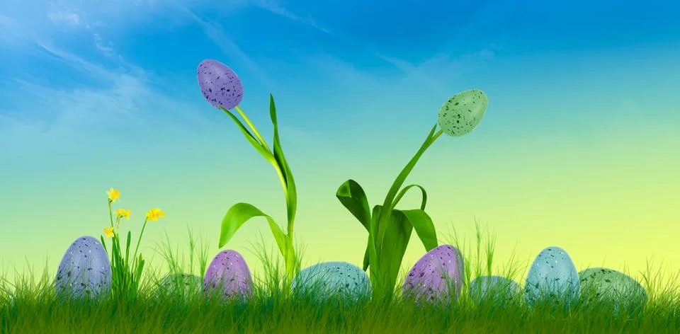 Background image of a scene with easter eggs Stock Photos