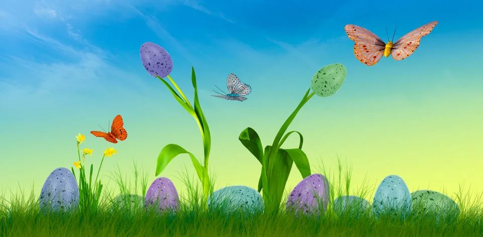 Background image of a scene with easter eggs on stems and butterfly Stock Photos