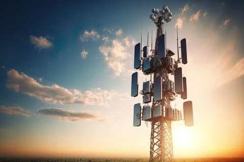 Background image shows a 5G global network technology communication antenna Stock Illustration