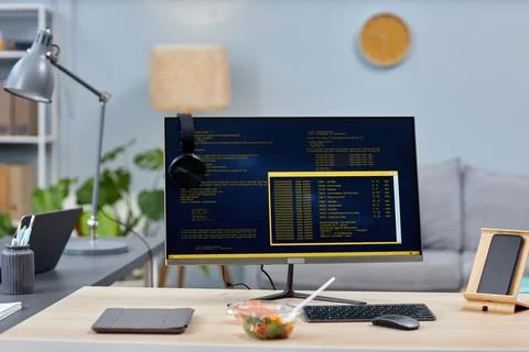 Background image of software programming workplace at home office Stock Photos