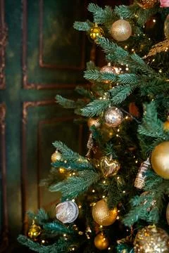 Background image of a sparkling Christmas tree decorated with Christmas tre.. Photos