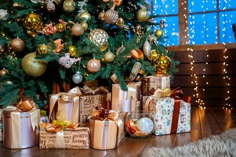 Background image of a sparkling Christmas tree decorated with Christmas tree  Stock Photos