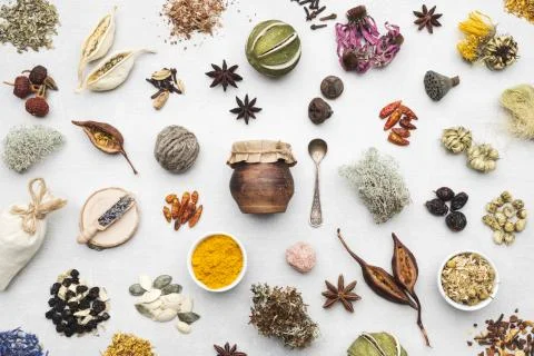 Background from ingredients for making herbal medicine remedies, healthy drinks. Stock Photos